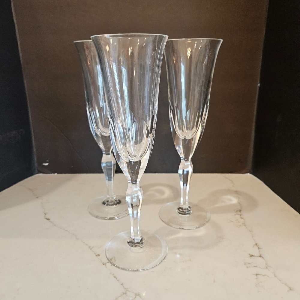 Three Cut Glass Heavy Champagne Flutes 8 1/2 inch high